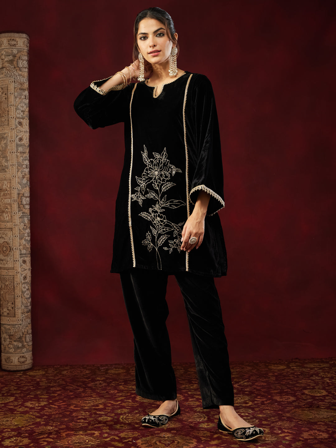 Women's Black Velvet Embroidered Straight Co-ord Set