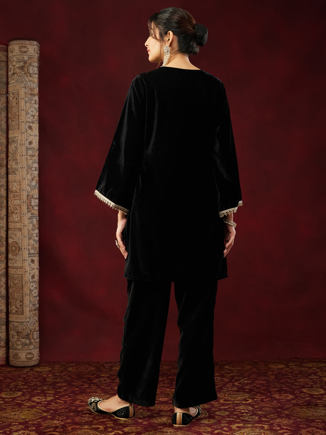 Women's Black Velvet Embroidered Straight Co-ord Set