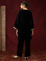 Women's Black Velvet Embroidered Straight Co-ord Set