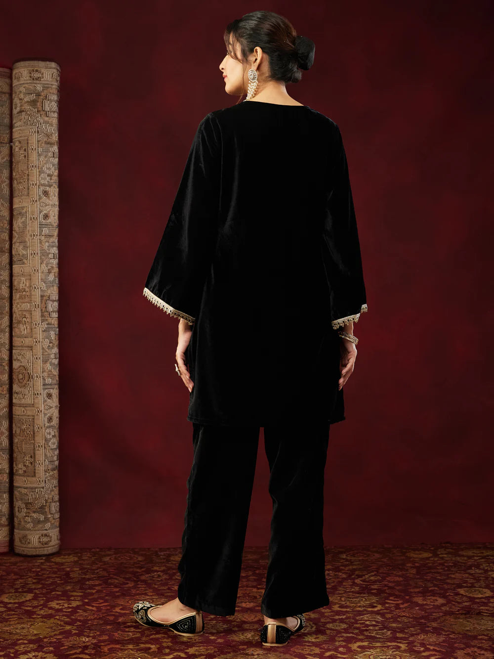 Women's Black Velvet Embroidered Straight Co-ord Set