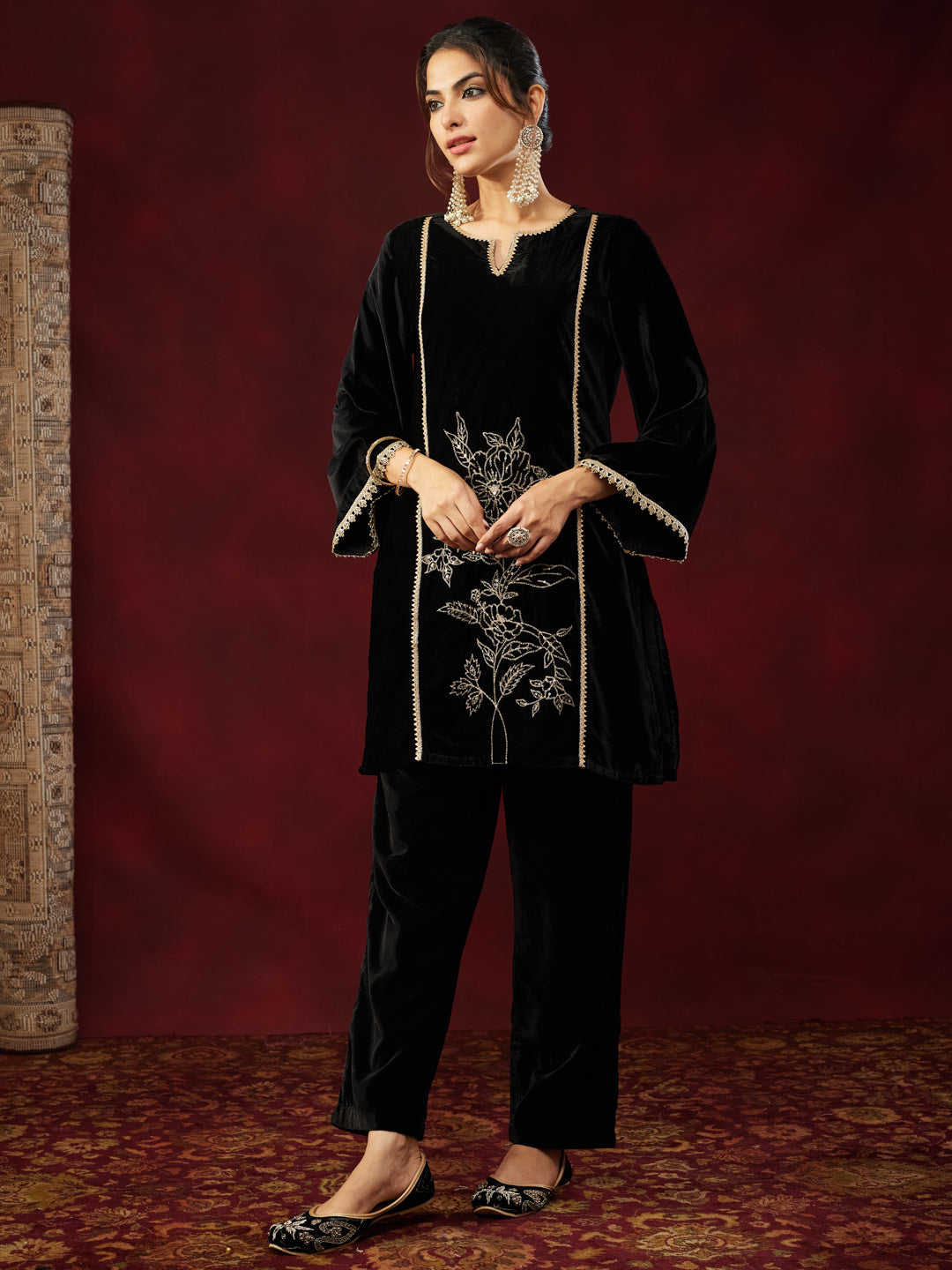 Women's Black Velvet Embroidered Straight Co-ord Set