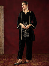 Women's Black Velvet Embroidered Straight Co-ord Set