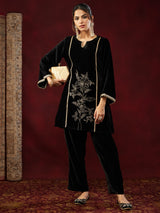 Women's Black Velvet Embroidered Straight Co-ord Set