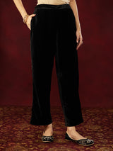 Women's Black Velvet Embroidered Straight Co-ord Set