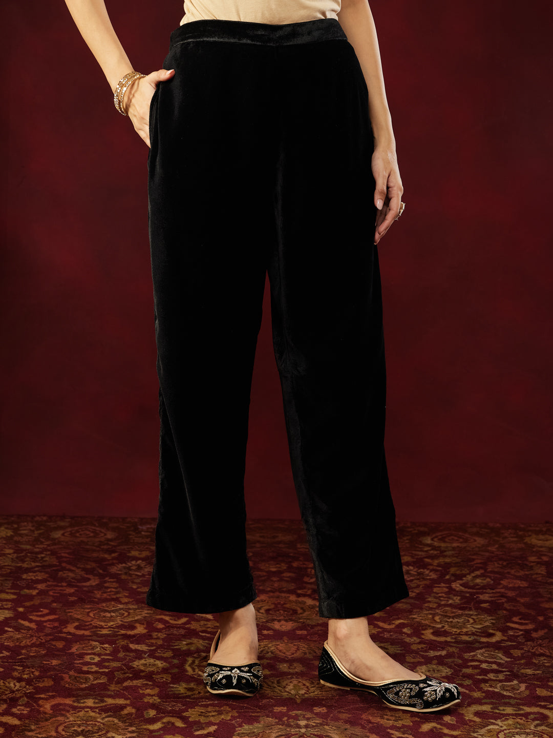 Women's Black Velvet Embroidered Straight Co-ord Set