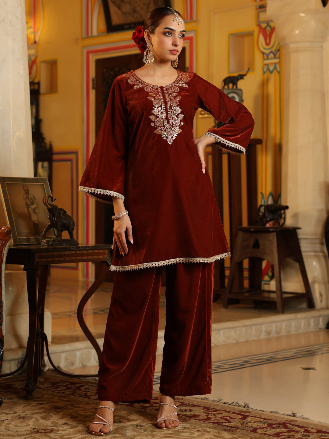 Women's Brown Velvet Yoke Zari Embroidered Straight Co-ord Set
