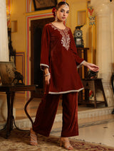 Women's Brown Velvet Yoke Zari Embroidered Straight Co-ord Set