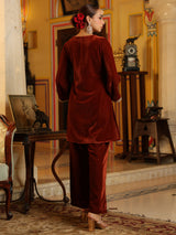 Women's Brown Velvet Yoke Zari Embroidered Straight Co-ord Set