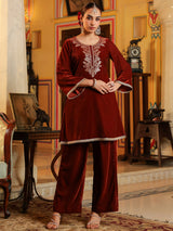 Women's Brown Velvet Yoke Zari Embroidered Straight Co-ord Set