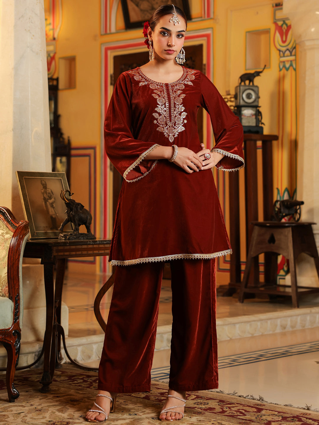 Women's Brown Velvet Yoke Zari Embroidered Straight Co-ord Set