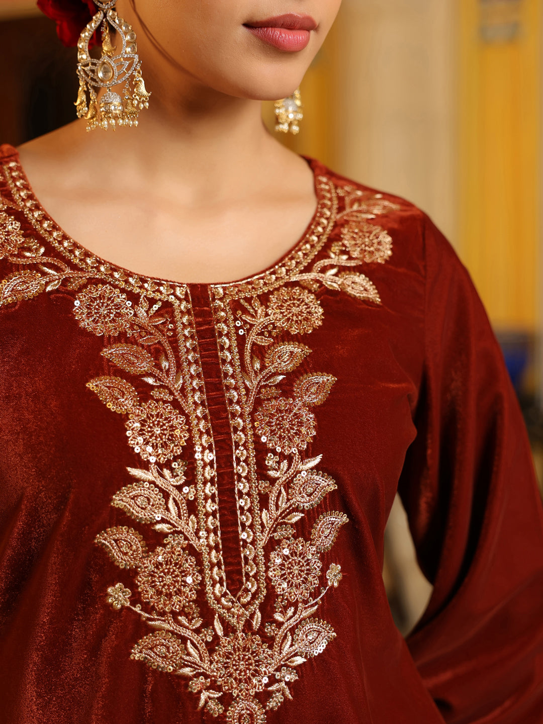 Women's Brown Velvet Yoke Zari Embroidered Straight Co-ord Set