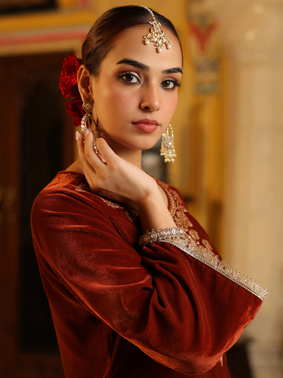 Women's Brown Velvet Yoke Zari Embroidered Straight Co-ord Set