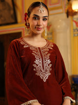 Women's Brown Velvet Yoke Zari Embroidered Straight Co-ord Set
