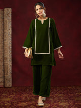 Women's Olive Green Velvet Embellished Straight Co-ods Set