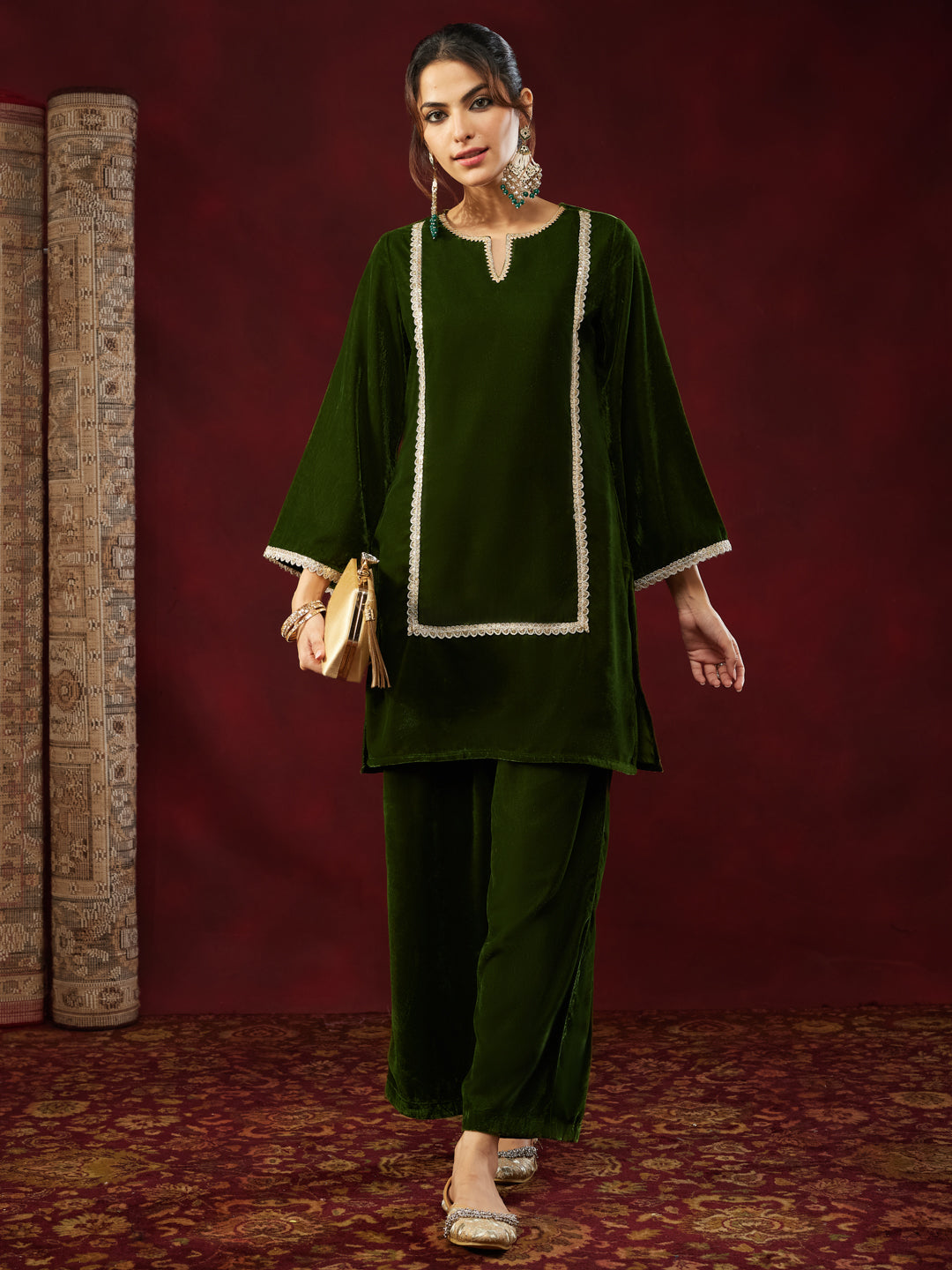Women's Olive Green Velvet Embellished Straight Co-ods Set