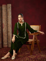 Women's Olive Green Velvet Embellished Straight Co-ods Set