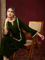 Women's Olive Green Velvet Embellished Straight Co-ods Set