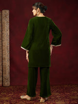 Women's Olive Green Velvet Embellished Straight Co-ods Set