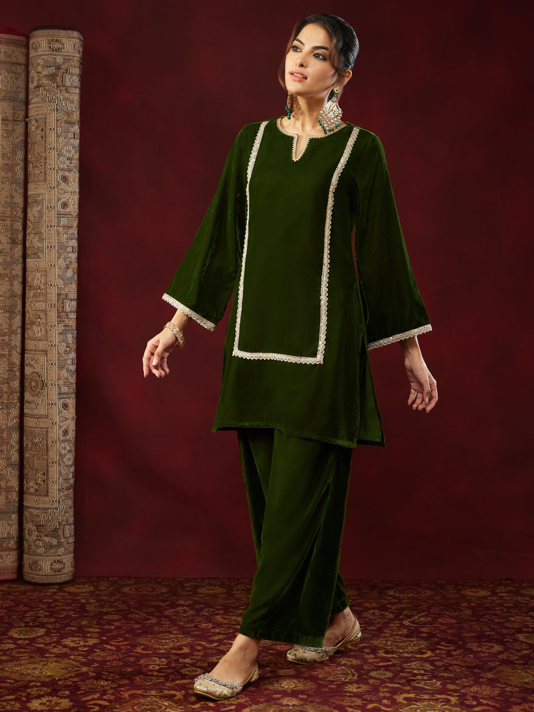 Women's Olive Green Velvet Embellished Straight Co-ods Set