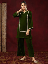 Women's Olive Green Velvet Embellished Straight Co-ods Set