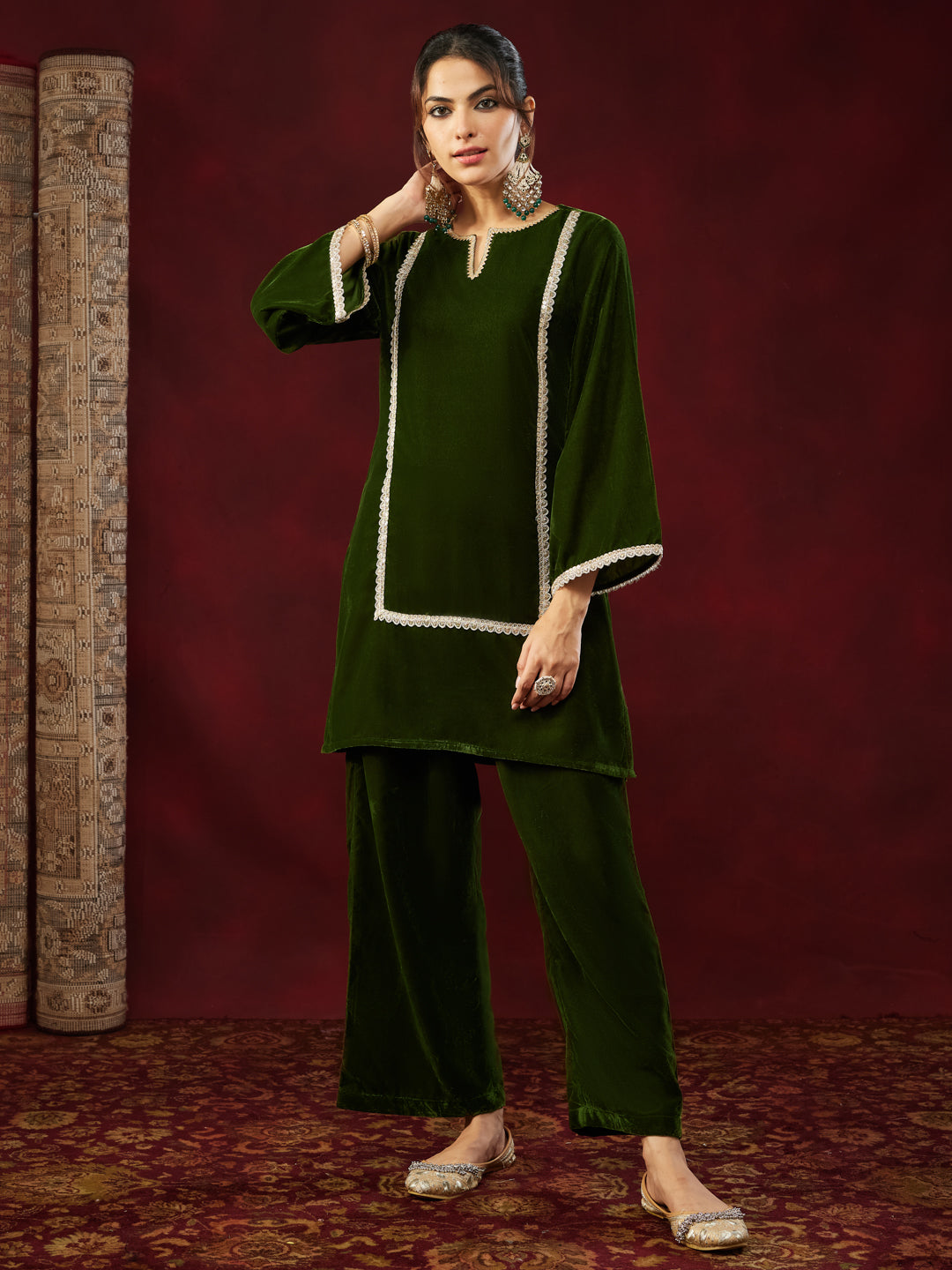 Women's Olive Green Velvet Embellished Straight Co-ods Set