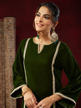 Women's Olive Green Velvet Embellished Straight Co-ods Set