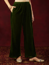Women's Olive Green Velvet Embellished Straight Co-ods Set