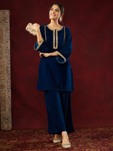 Women's Teal Blue Velvet Embellished Straight Co-ord Set