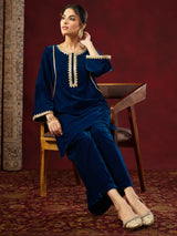 Women's Teal Blue Velvet Embellished Straight Co-ord Set