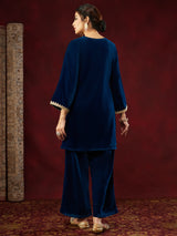 Women's Teal Blue Velvet Embellished Straight Co-ord Set