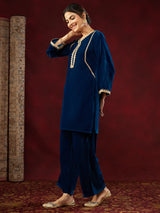 Women's Teal Blue Velvet Embellished Straight Co-ord Set