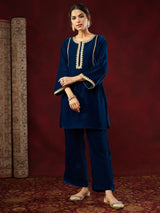 Women's Teal Blue Velvet Embellished Straight Co-ord Set