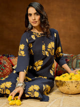 Women's Navy Blue Pure Cotton Floral Printed Straight Co-ord Set