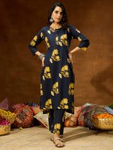 Women's Navy Blue Pure Cotton Floral Printed Straight Co-ord Set