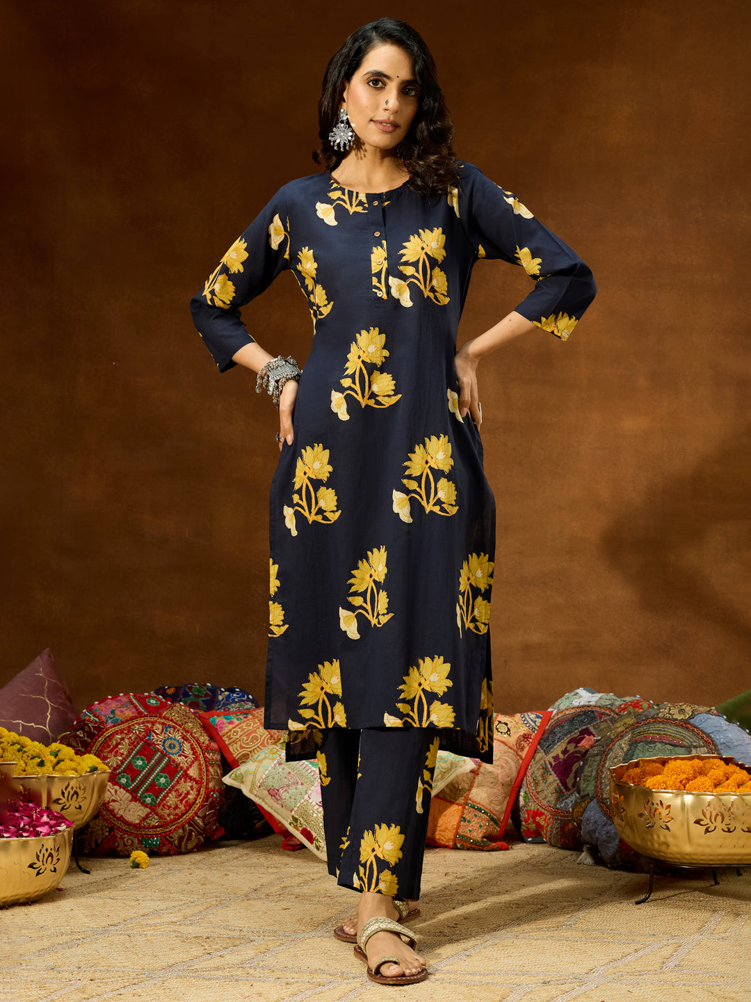 Women's Navy Blue Pure Cotton Floral Printed Straight Co-ord Set