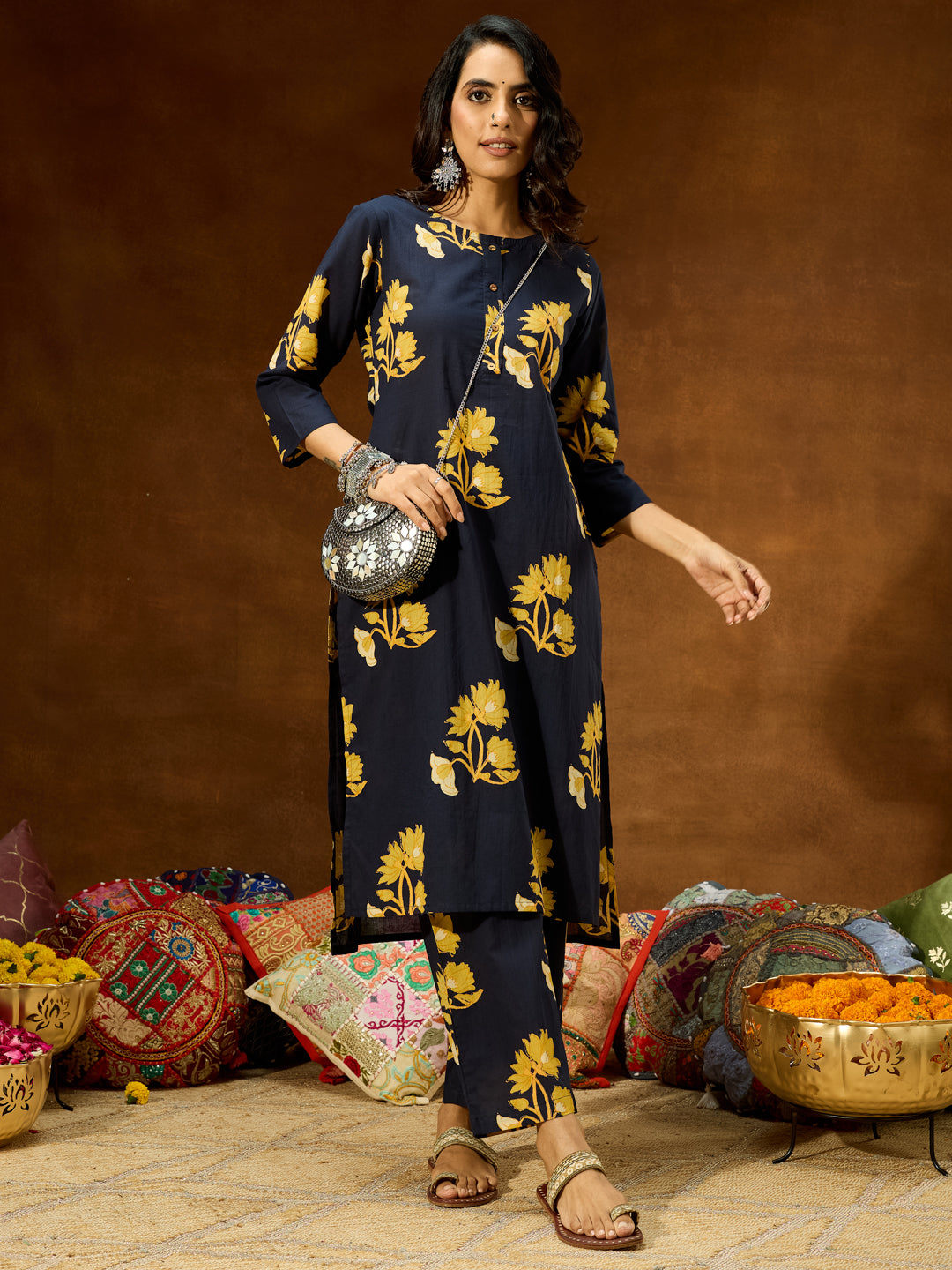 Women's Navy Blue Pure Cotton Floral Printed Straight Co-ord Set