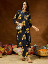 Women's Navy Blue Pure Cotton Floral Printed Straight Co-ord Set