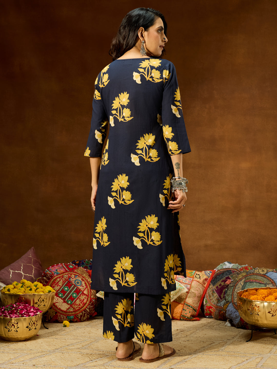 Women's Navy Blue Pure Cotton Floral Printed Straight Co-ord Set
