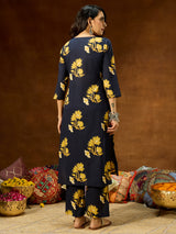 Women's Navy Blue Pure Cotton Floral Printed Straight Co-ord Set