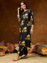 Women's Navy Blue Pure Cotton Floral Printed Straight Co-ord Set