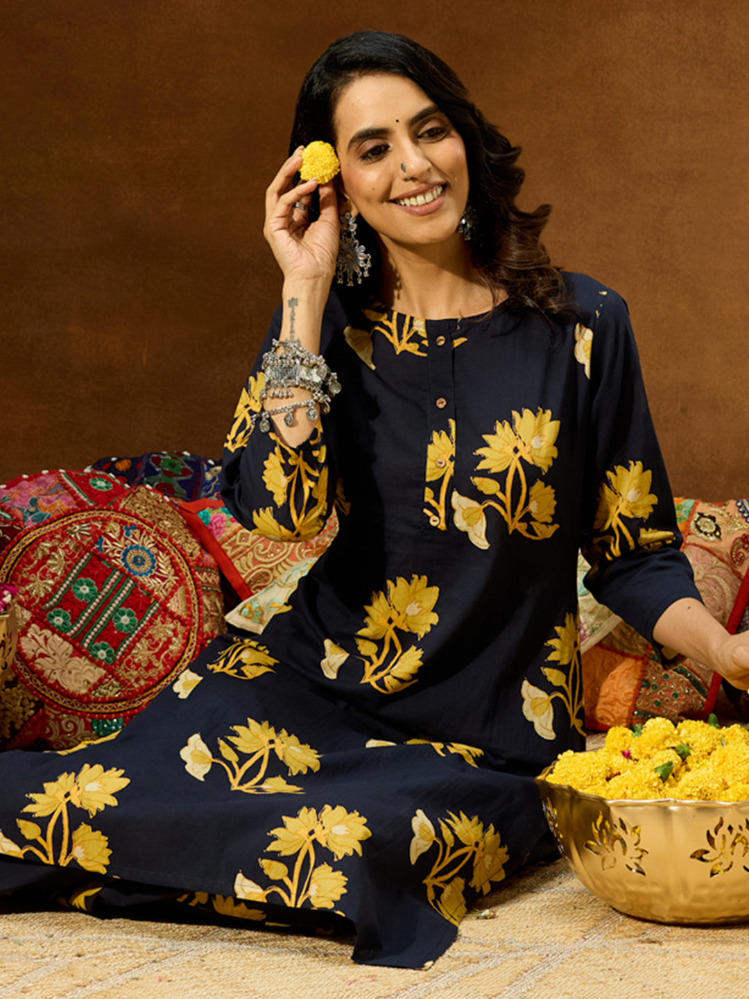 Women's Navy Blue Pure Cotton Floral Printed Straight Co-ord Set