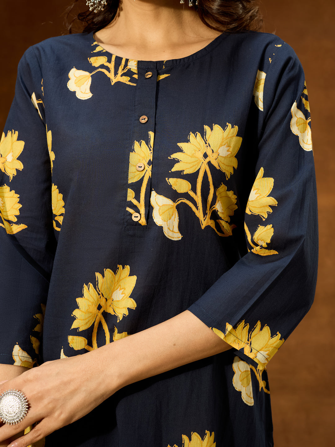 Women's Navy Blue Pure Cotton Floral Printed Straight Co-ord Set