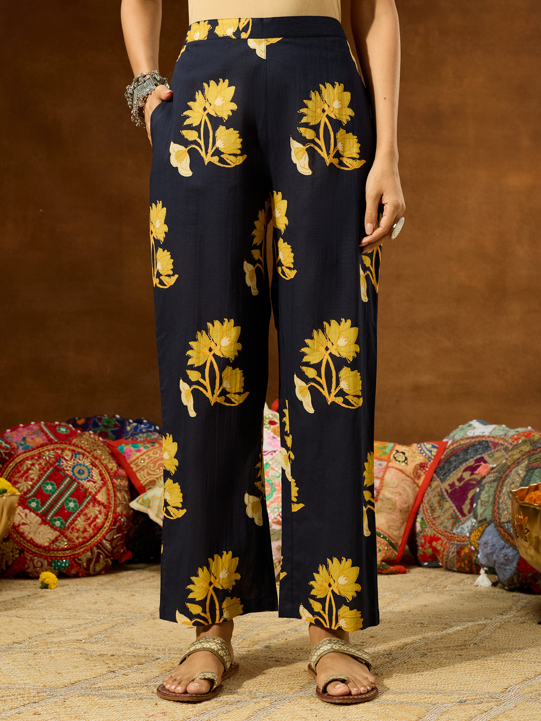 Women's Navy Blue Pure Cotton Floral Printed Straight Co-ord Set