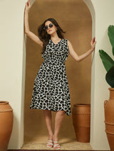 Women's Black & White Linen Cotton Abstract Printed A-line Dress