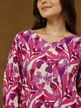 Women's Purple Linen Cotton Floral Printed A-line Dress