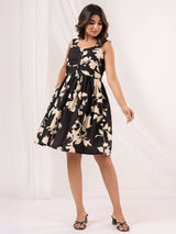 Women's Black & Cream Pure Cotton Floral Printed Fit & Flare Dress