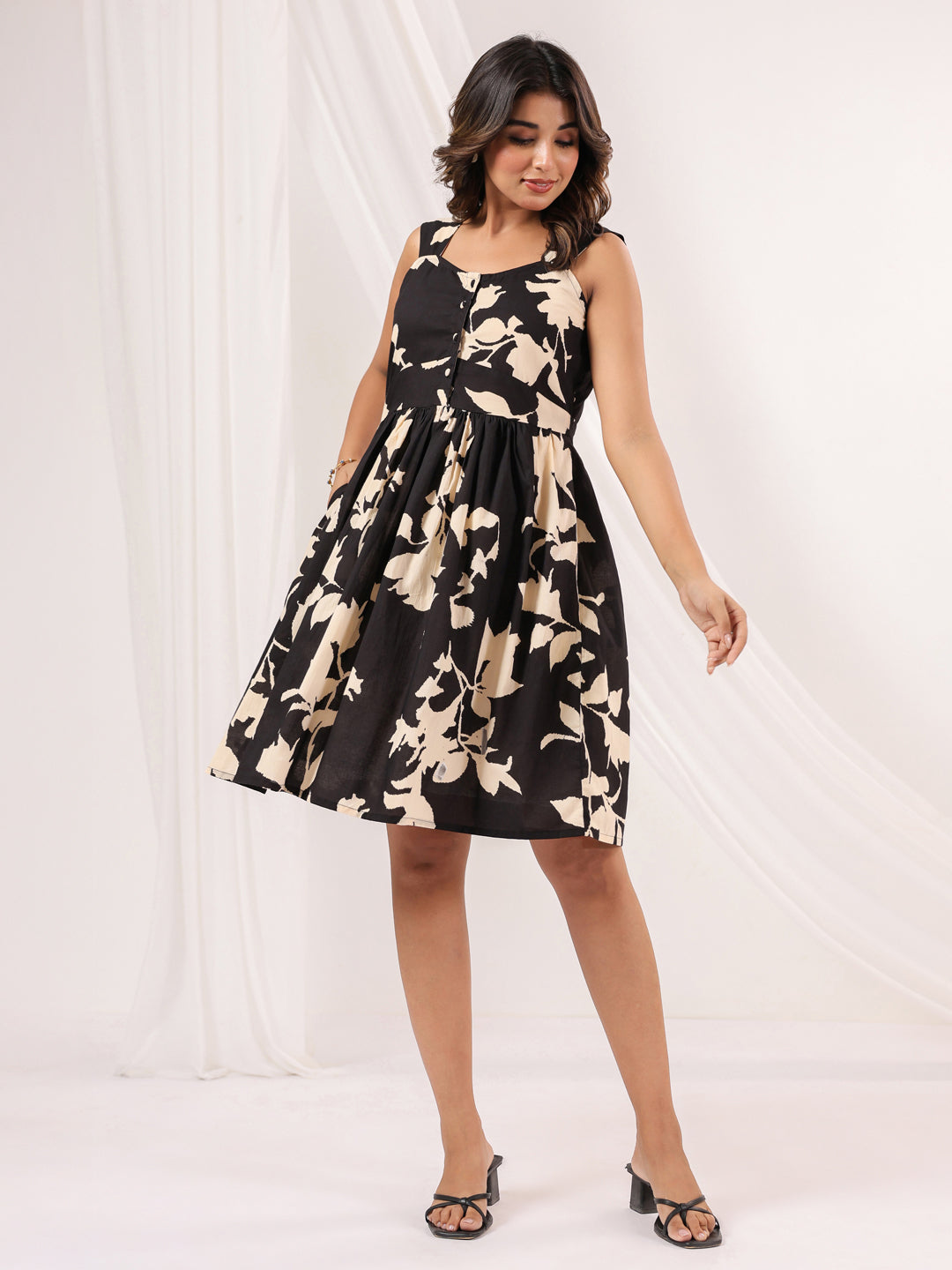 Women's Black & Cream Pure Cotton Floral Printed Fit & Flare Dress
