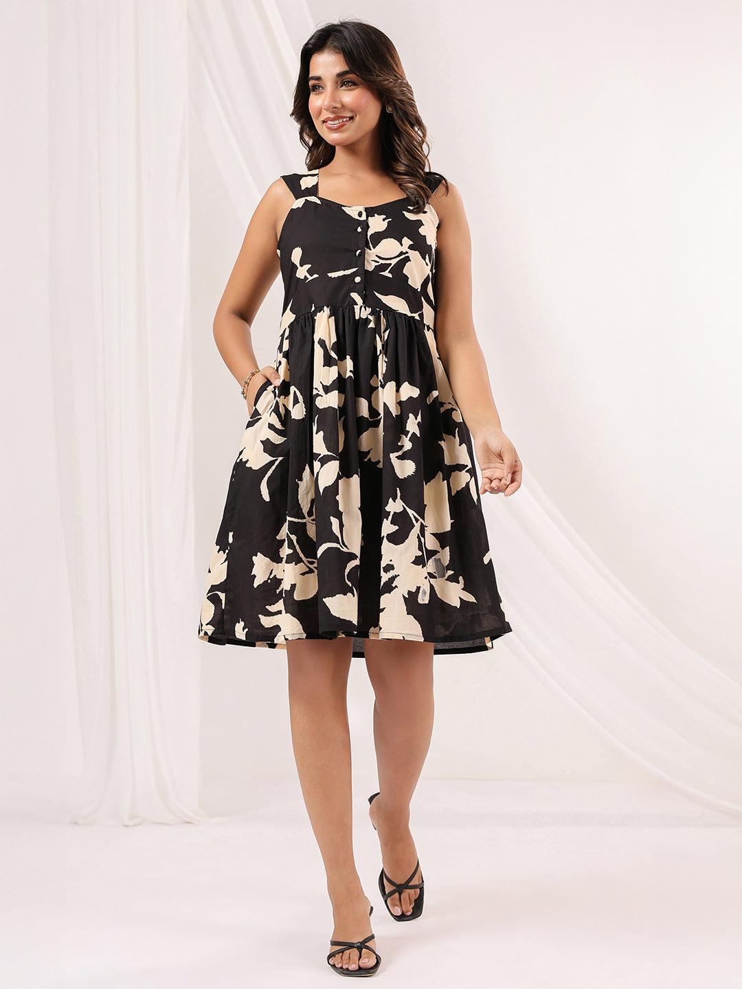 Women's Black & Cream Pure Cotton Floral Printed Fit & Flare Dress