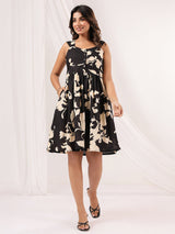 Women's Black & Cream Pure Cotton Floral Printed Fit & Flare Dress