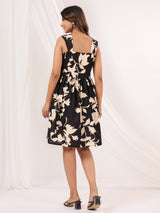 Women's Black & Cream Pure Cotton Floral Printed Fit & Flare Dress